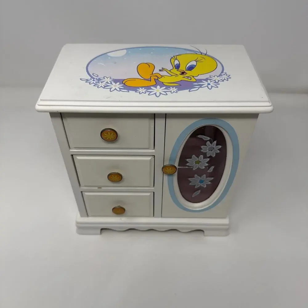 Tweety Bird Looney Tunes Wood Glass Jewelry Box Vintage
